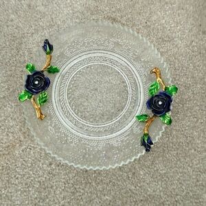 Decorative Glass Plate with Blue Floral Design